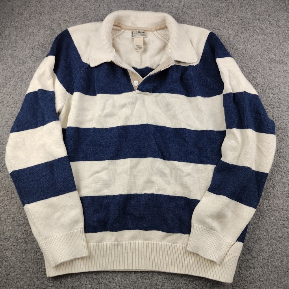VTG LL Bean Cotton Cashmere Striped Polo Sweater Mens Medium Preppy 90s Style